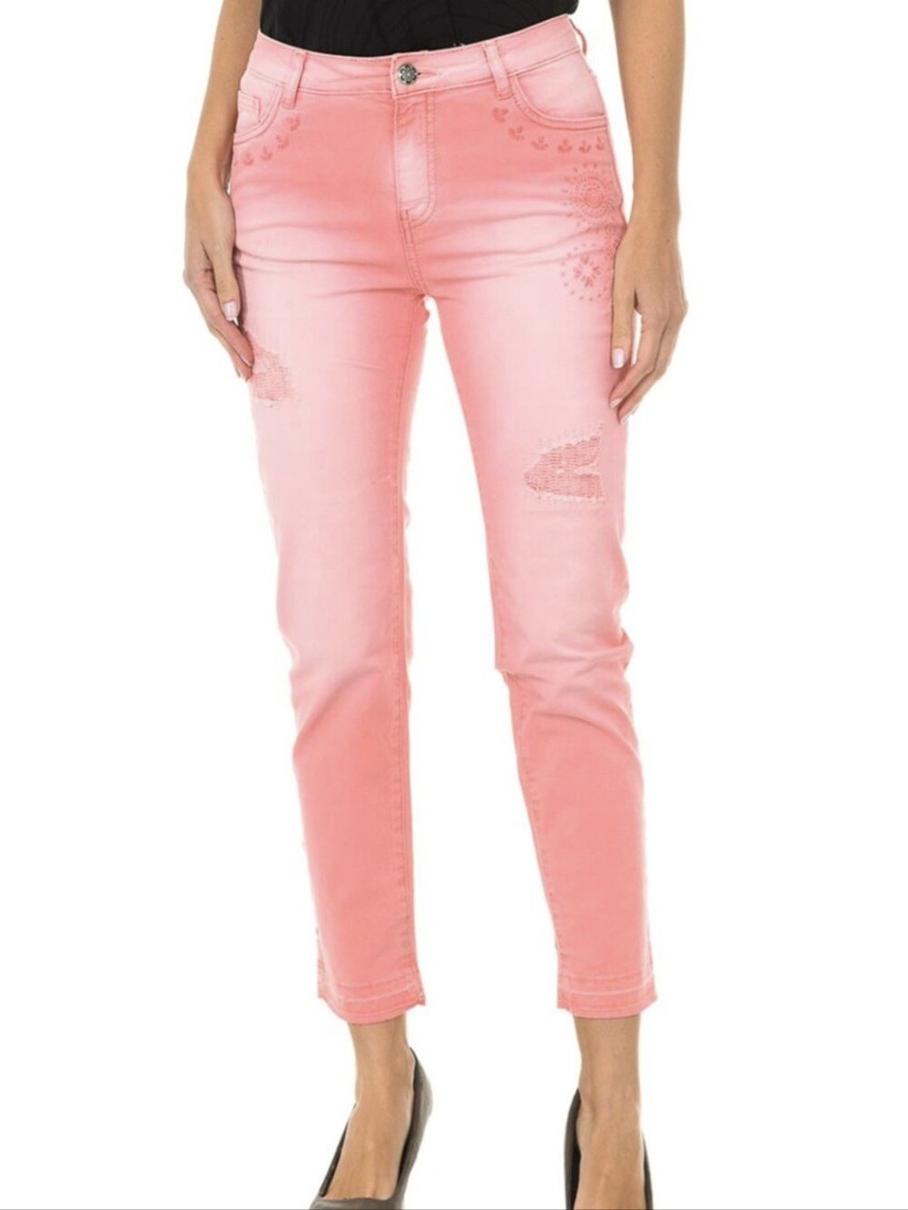 Desigual Exotic Jeans Coral Straight Leg Distressed Embroidered Size 44 US 12
